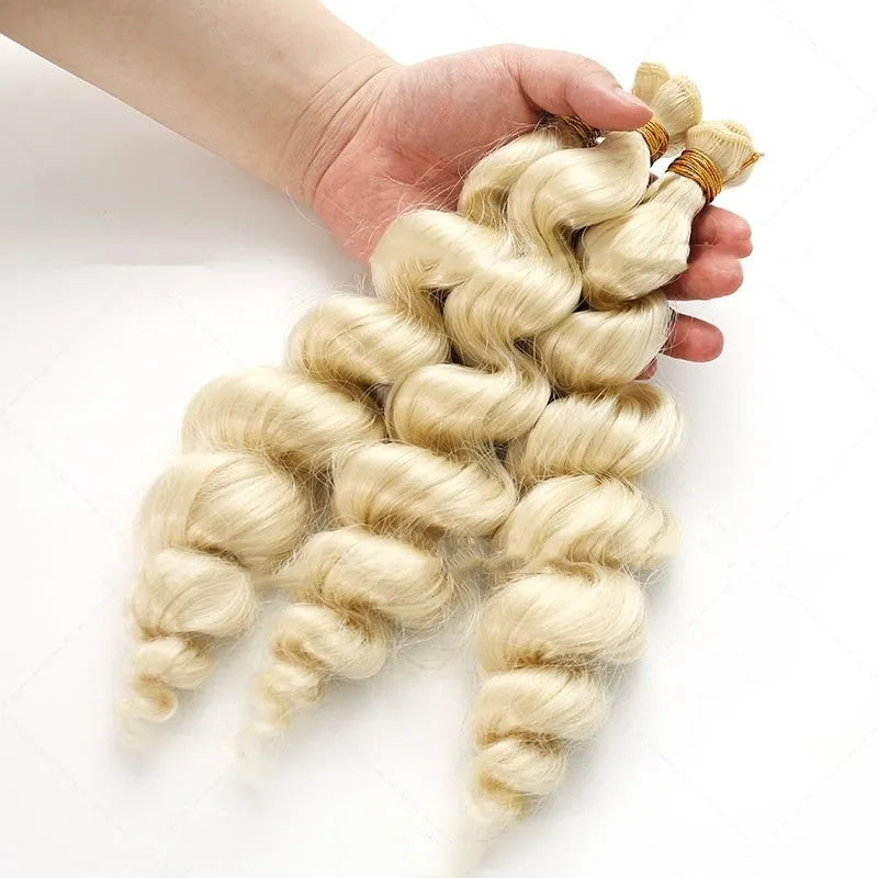 Golden synthetic high temperature fibre hair weft wig for ladies, shown in 18, 20, and 22 inch lengths.