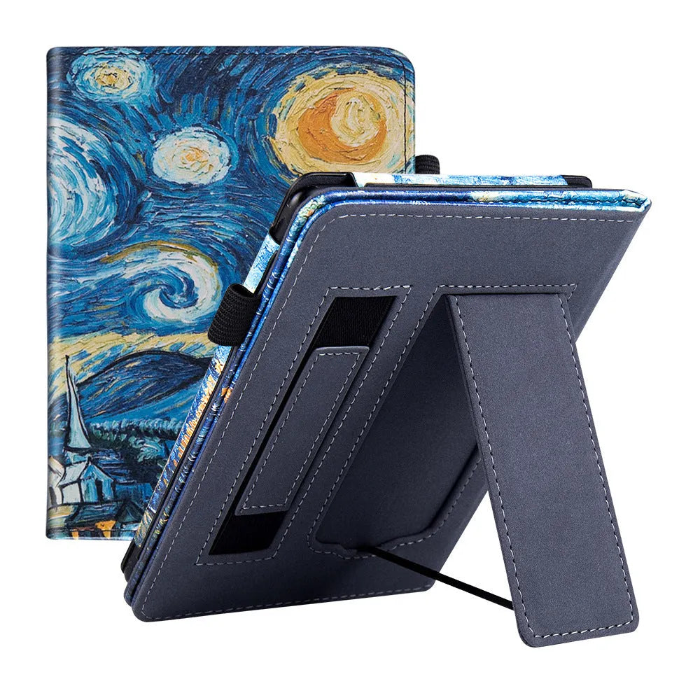 Kindle Paperwhite 5 leather case showing hand strap bracket and magnetic closure in a choice of colours and designs.