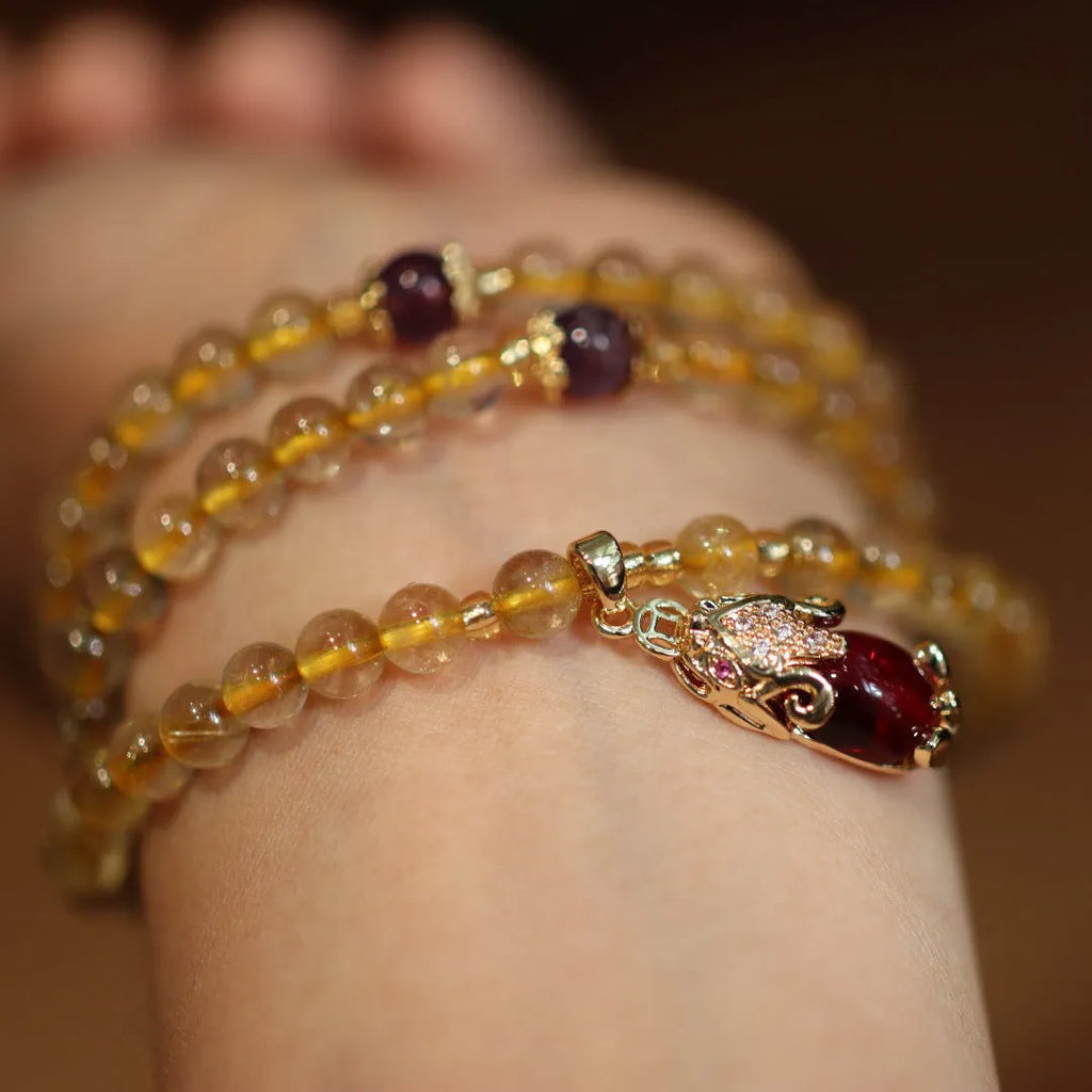 Natural Brazilian quartz bracelet with gold three-circles ruby quartz charm on adjustable Chinese style band