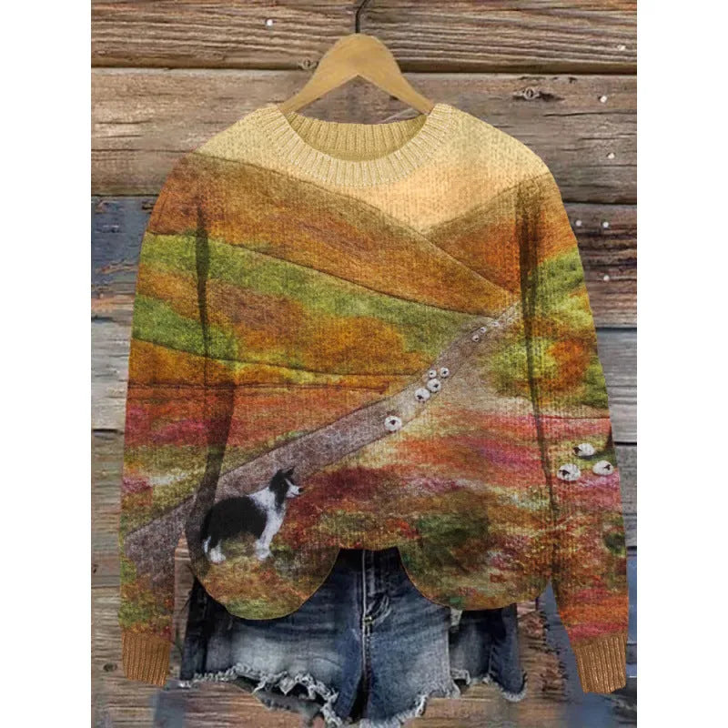 A round neck casual sweater with a small digital floral print, shown in one of thirteen available colours.
