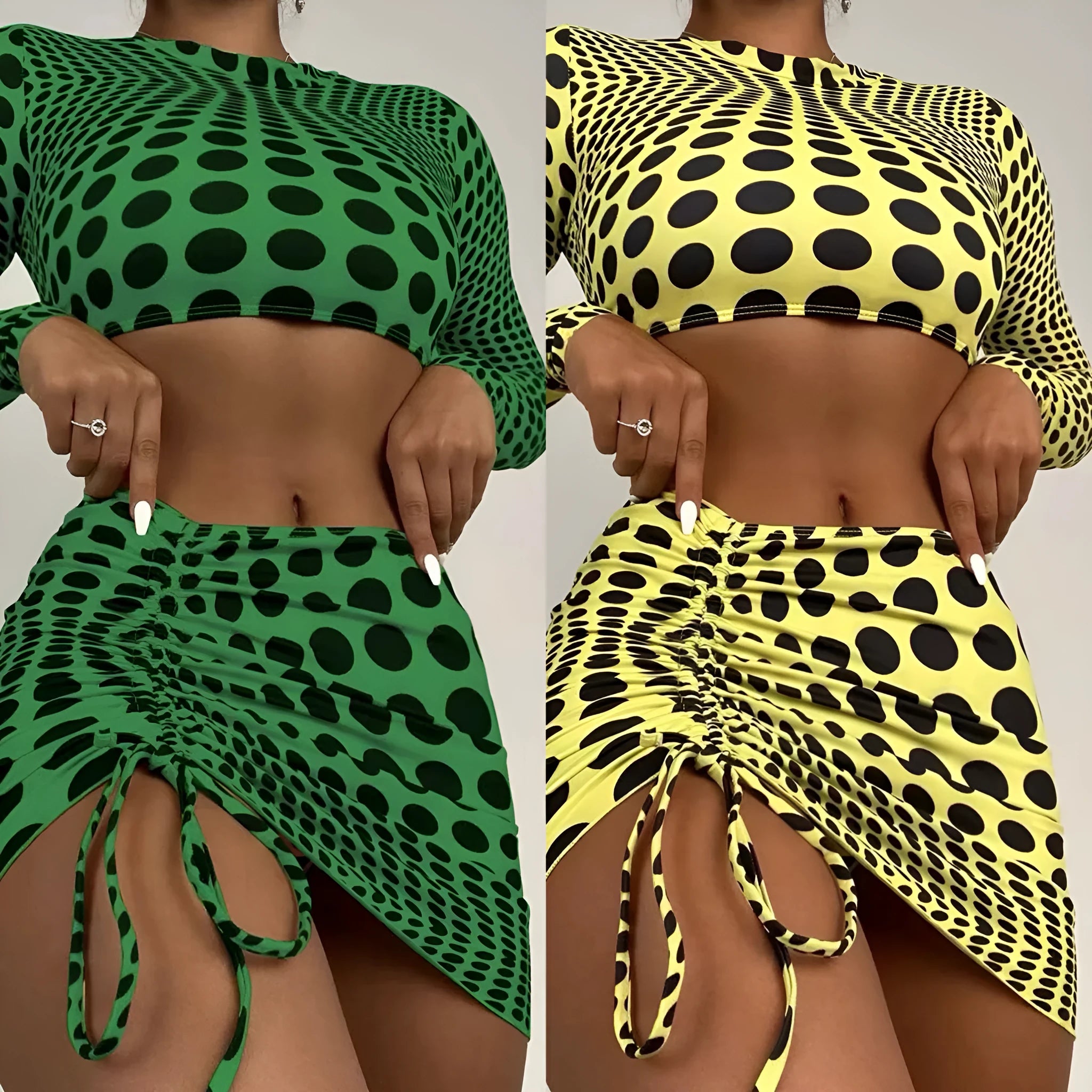 Women's green polka dot three-piece swimsuit set with bra top and skirt on hanger