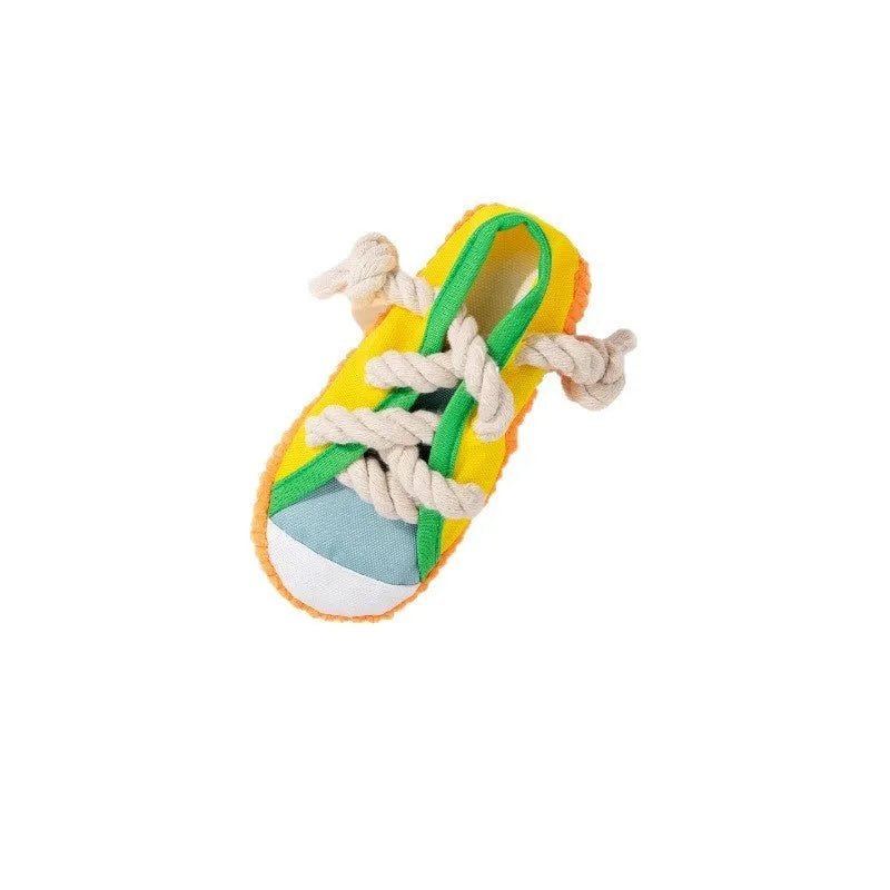 Plastic dog slippers chewing toy in yellow, black or sea fog blue colours with sound activation feature