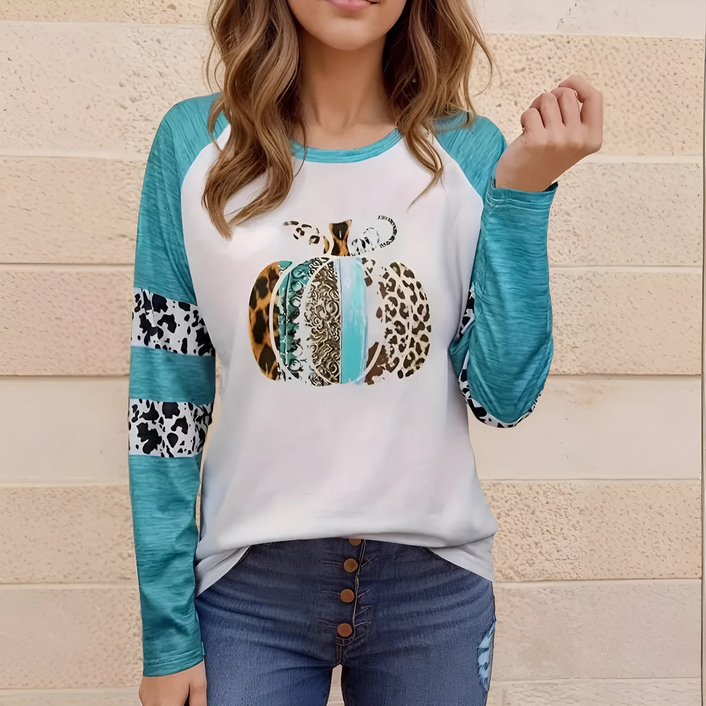 Sky blue Halloween T-shirt with pumpkin digital printing, regular fit and long sleeves