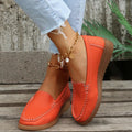 Women's PU leather flats loafers in round toe design with car suture detailing on upper