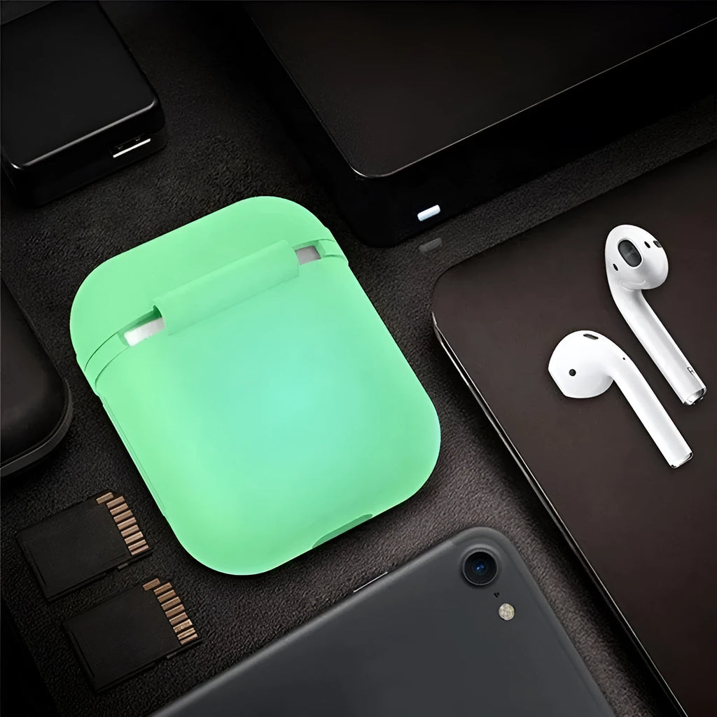 Silicone protective case for AirPods wireless earphones with luminous glow feature and flip-type opening