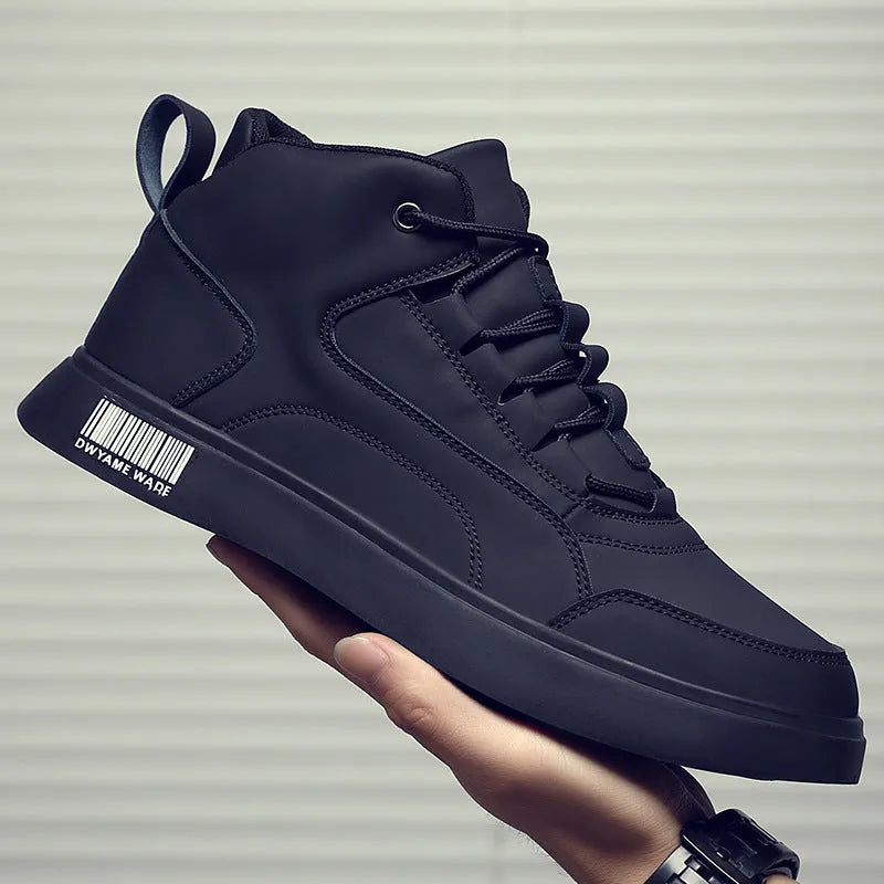 Men's white and black mid-top lace-up casual shoes with a round toe and rubber sole.