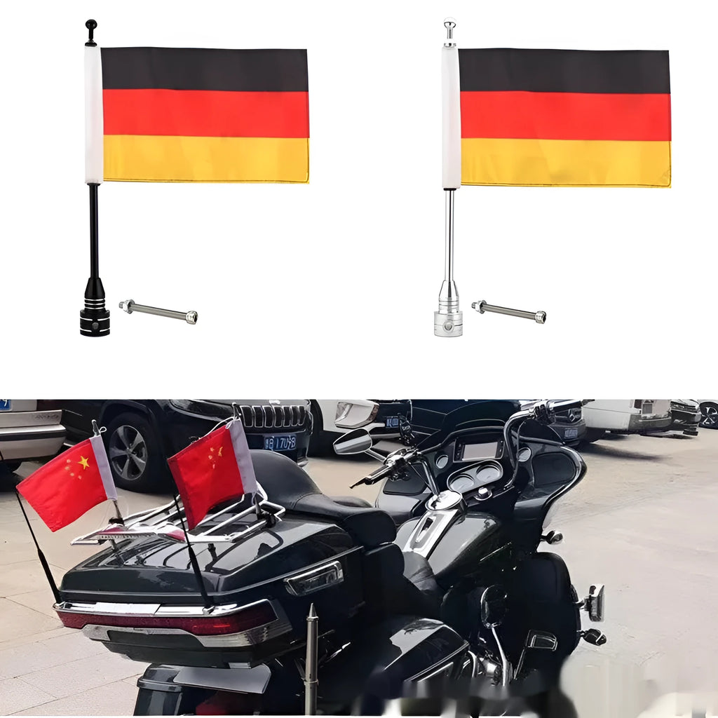 Side-mounted motorbike flagpole for luggage racks in black or silver electroplated finish