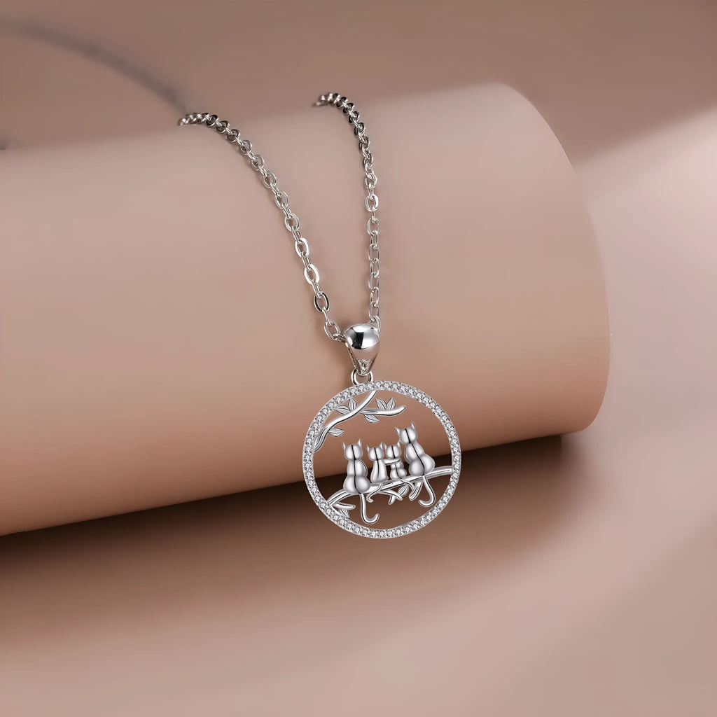 Four Kitten Necklace women's cat pendant jewellery with copper cross chain and electroplated finish