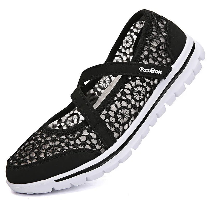 Women's mesh casual shoes in beige colour with round toe and flat heel design
