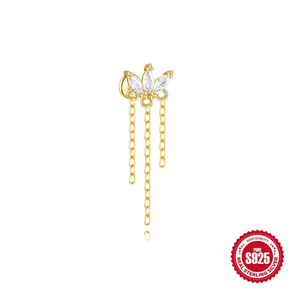 S925 sterling silver geometric kite earring with rhinestone chain tassel in gold colour.