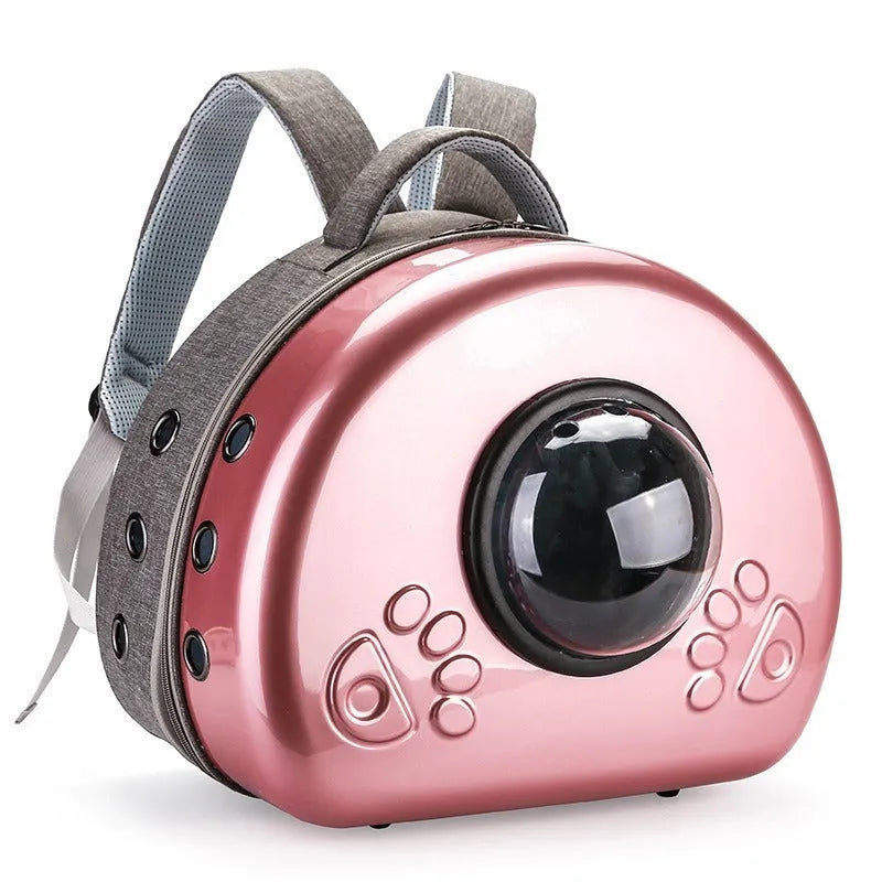 Transparent space capsule cat carrier bag with a metallic hard shell front cover