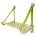 Wooden frame cat hammock with linen cushion mounted on a window, shown in green colour.