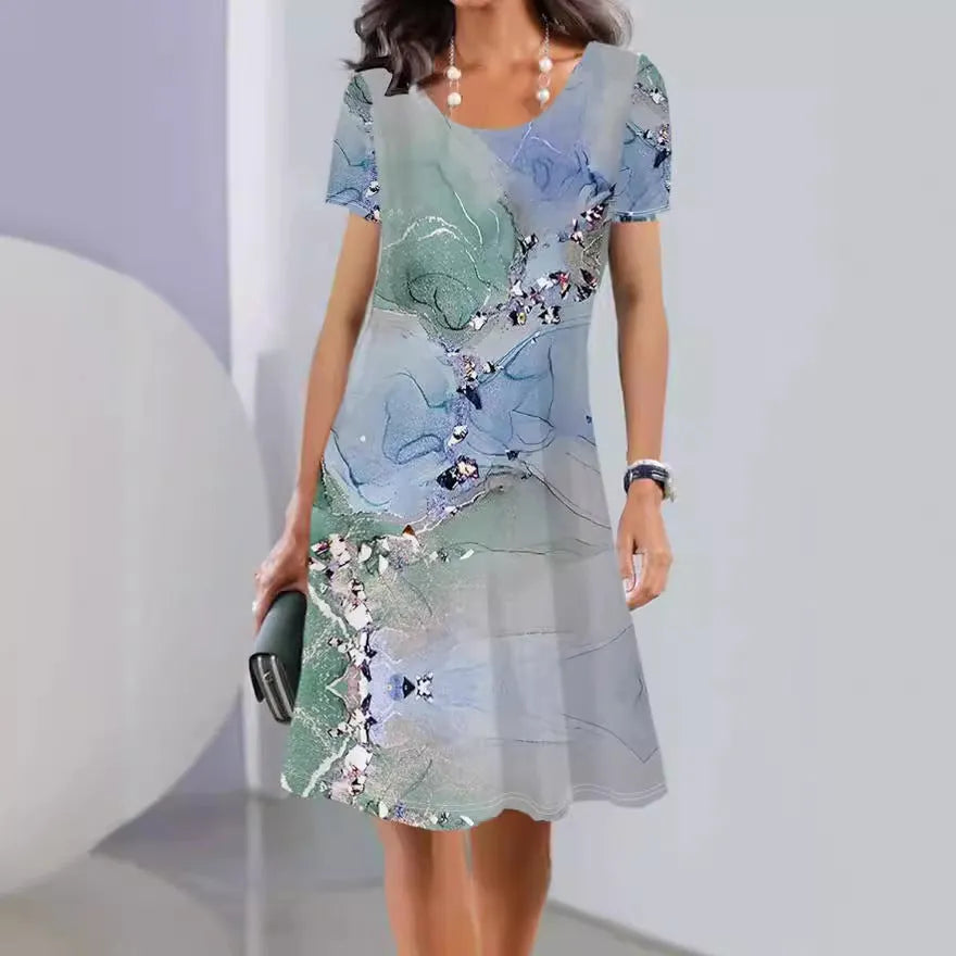 Mid-length A-line summer dress with botanical prints on polyester ice silk fabric with short sleeves and round neckline