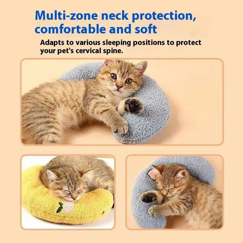 Cat pet bed mat with U-shaped neck pillow in blue, shown in a moon pillow style