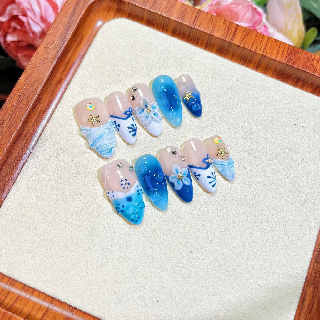 Blue hand-painted carved summer ice transparent false nails with wearable armour set in sizes XS to L