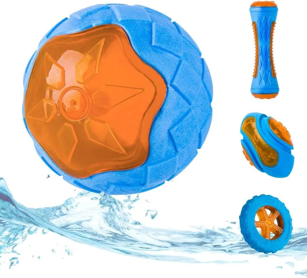 Set of three TPR dog toys: a squeaky ball, barbell and floating tires for water fetch.