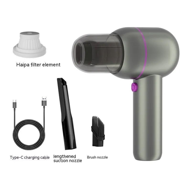Grey handheld car vacuum cleaner with 7.4V battery and dual nozzles for vehicle cleaning