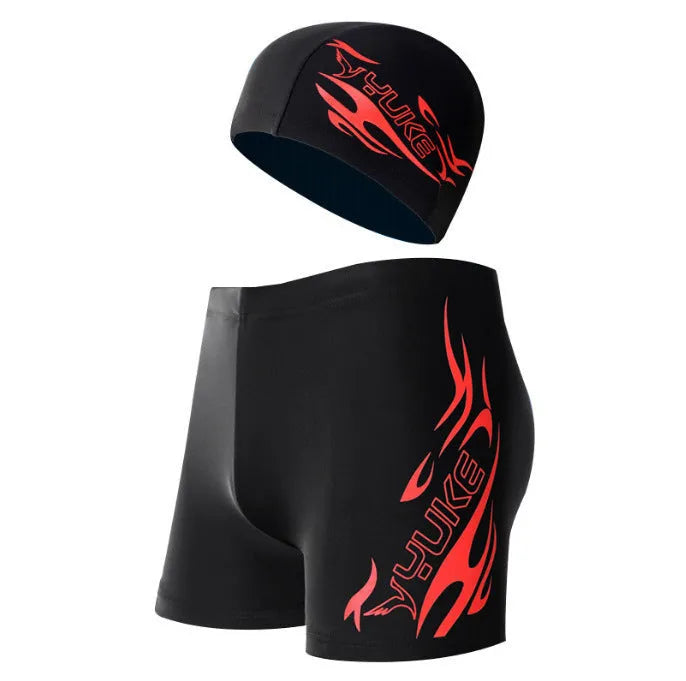 Men's plus size swimming trunks with blue fire graphic pattern on black background