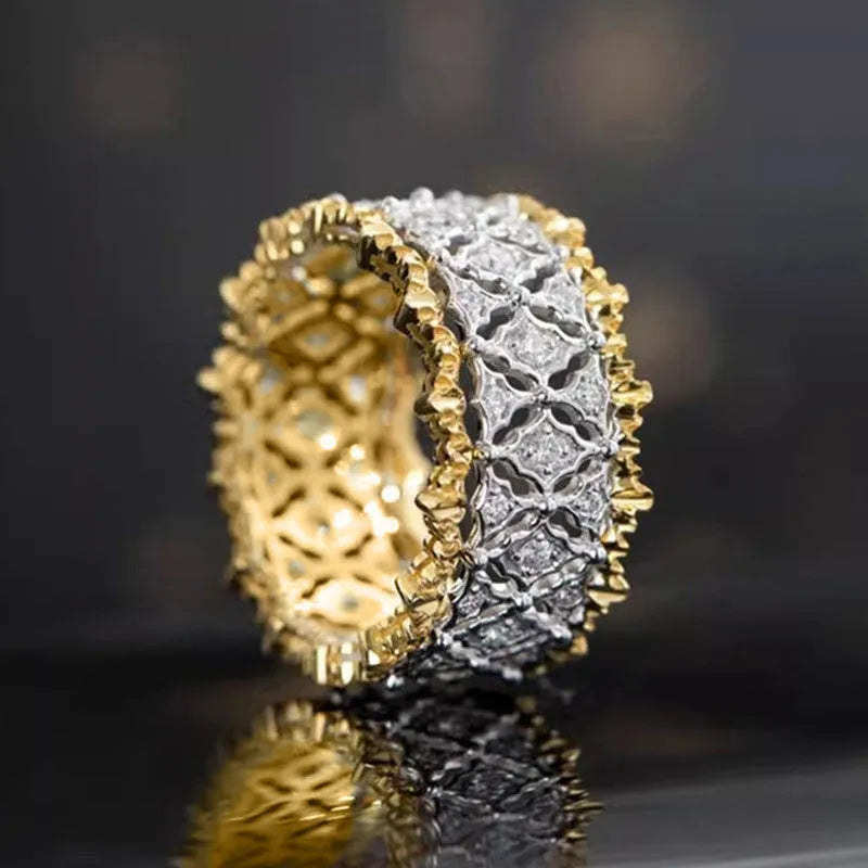 Two-tone gold geometric ring with round zircon on electroplated copper