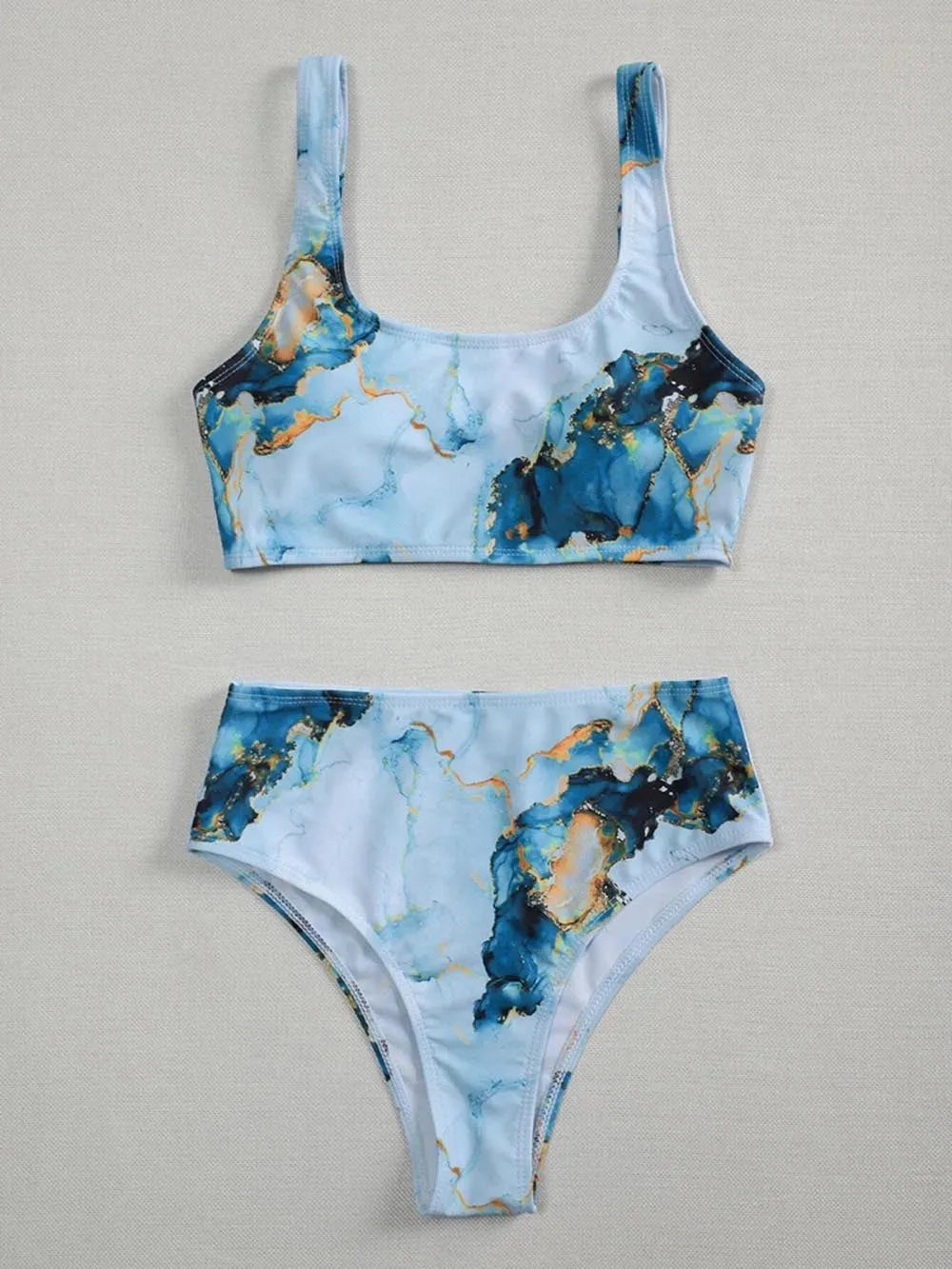 Women's marble tie-dye bikini set with U-neck top and high-waist briefs in blue colour variation