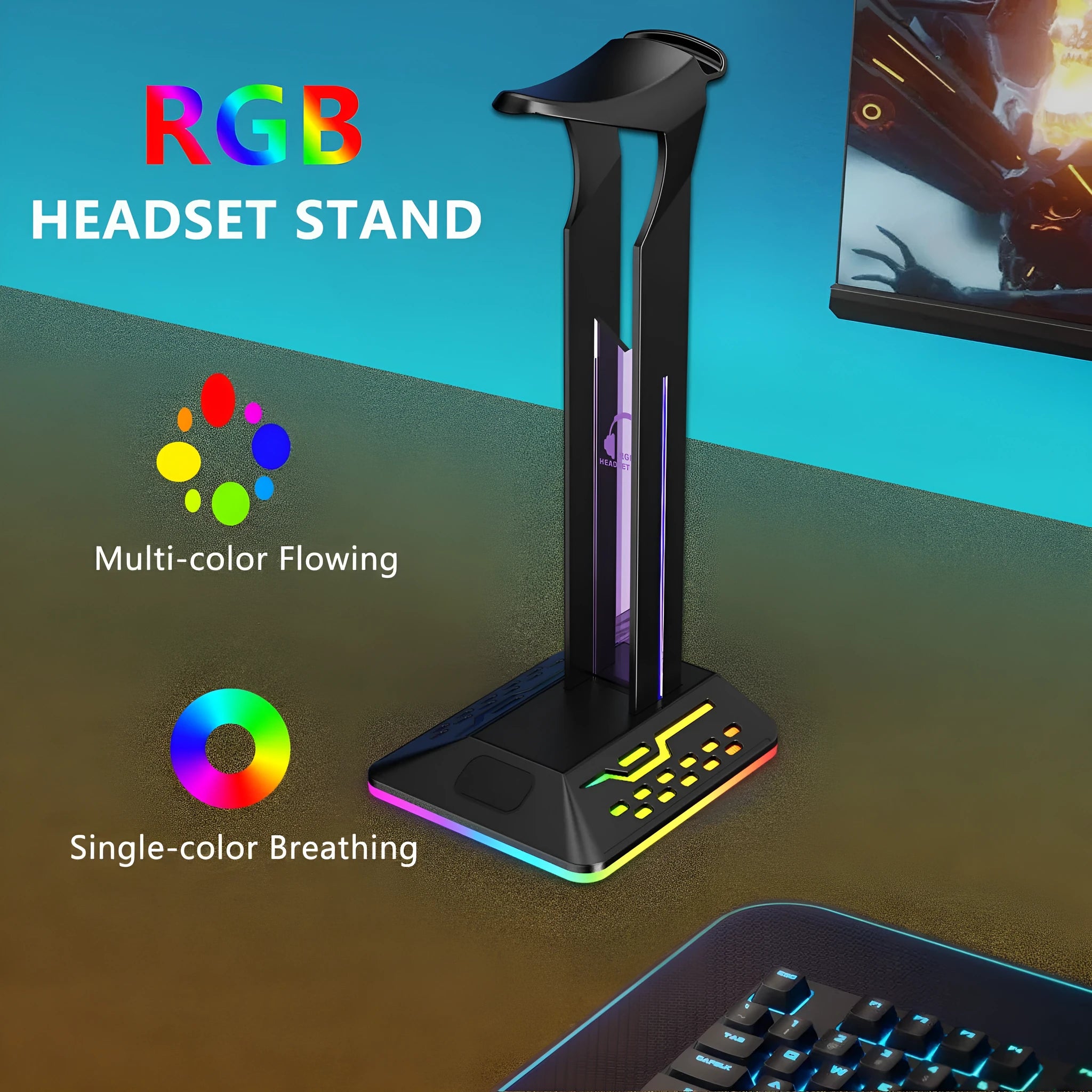 RGB colour changing headphone display stand with dual USB ports on a desk