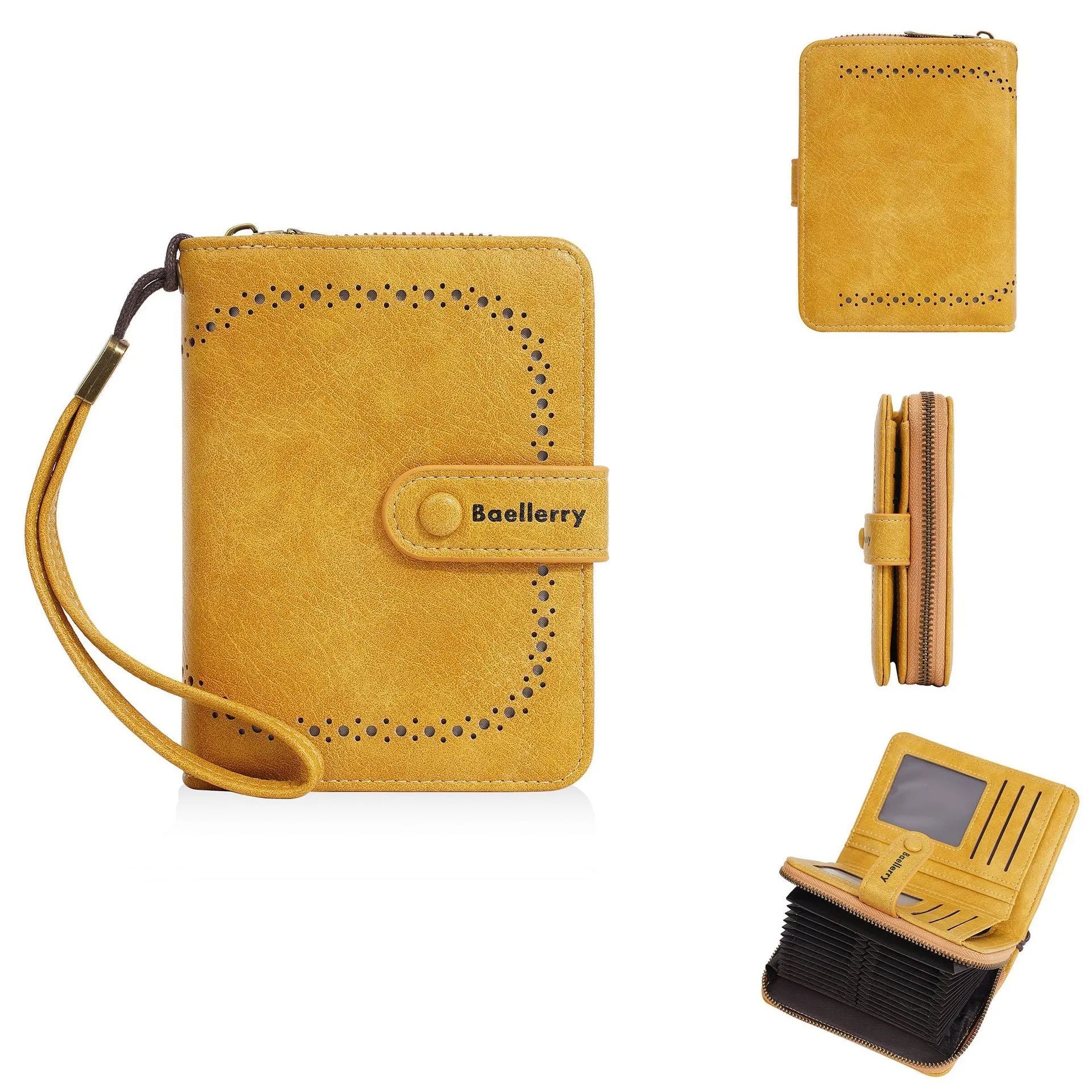 Women's black PU leather coin purse with zipper closure showing integrated wallet and card holder functions