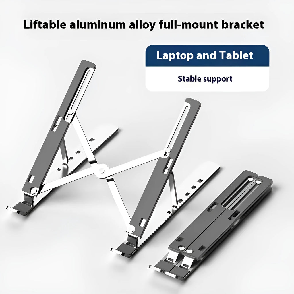 Silver aluminium alloy folding laptop stand holding a laptop at an angle