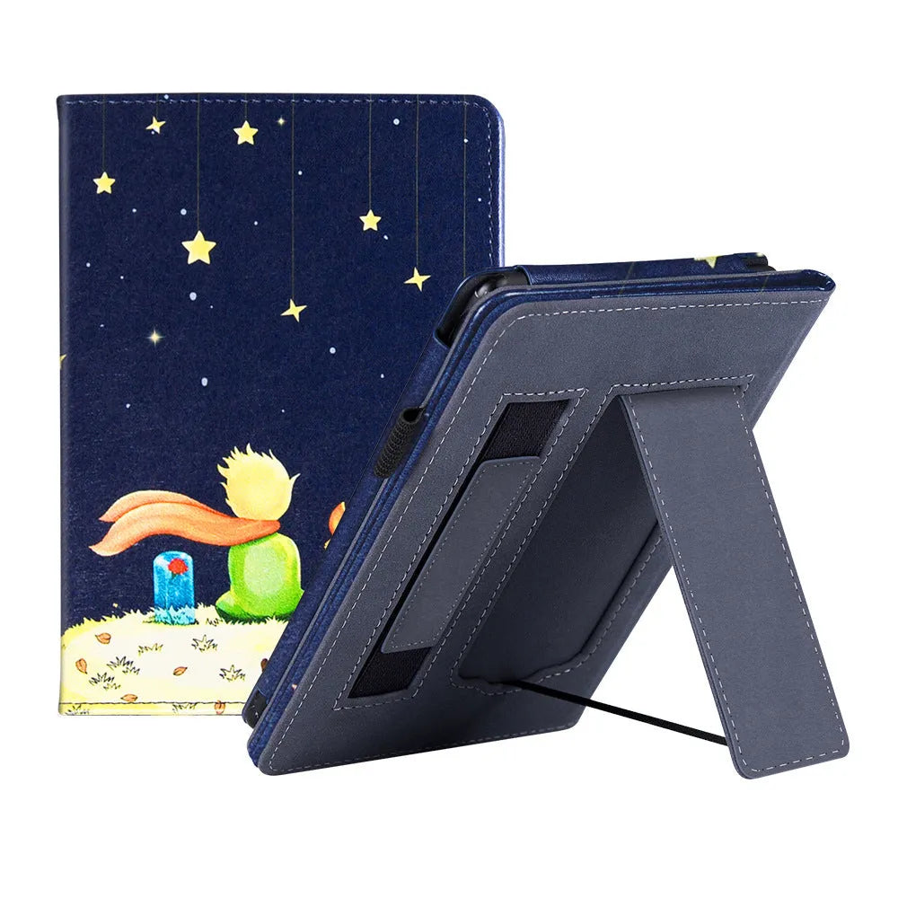 Kindle Paperwhite 5 leather case showing hand strap bracket and magnetic closure in a choice of colours and designs.