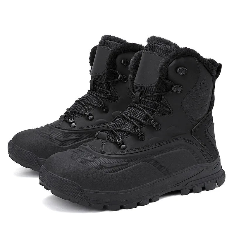 Men's black plus size high-top boots with fleece lining, flat heel, and lace-up front.