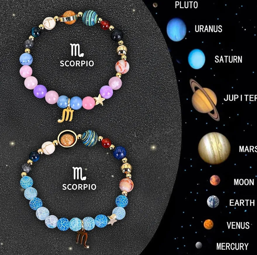 Two natural stone beaded bracelets with Chinese zodiac charms on elastic cord