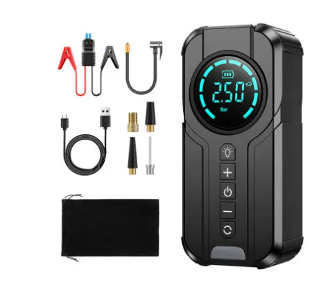Portable wireless vehicle air pump with accessories including conversion heads and power cable