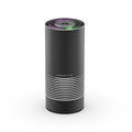 Compact cylindrical car air purifier in metallic grey with aluminium alloy casing.