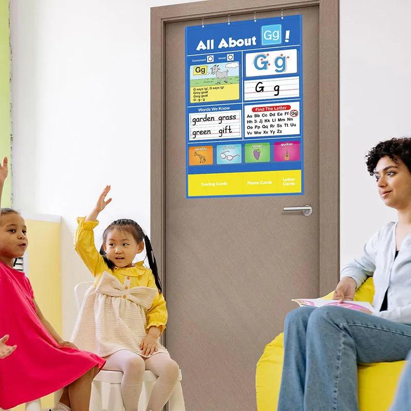 Alphabet learning chart measuring 60 by 40 cm with word cards, letter cards, and picture cards laid out.