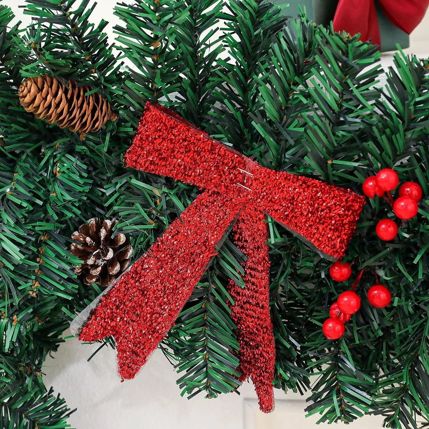 Christmas rattan decorative showcase with pine cone bow and European modern art design