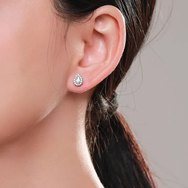 Women's water drop shaped silver ear studs with 925 sterling silver construction