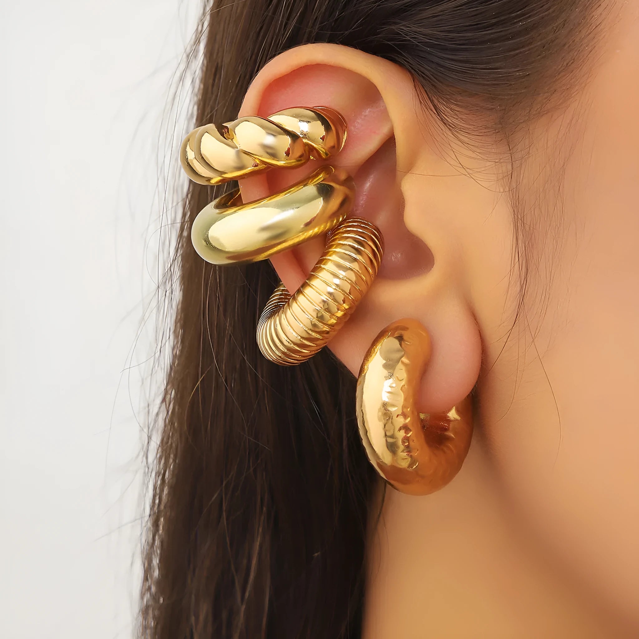 Gold geometric clip earrings set of four pieces for women without pierced ears
