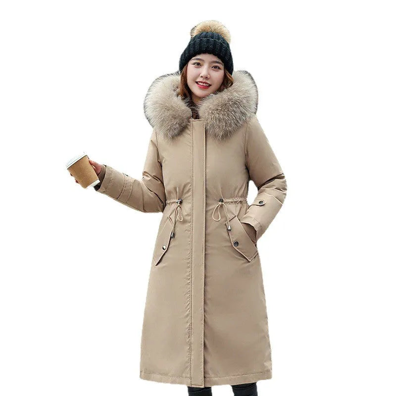 Women's long white cotton-padded fleece trench coat with a 100cm length and long sleeves.