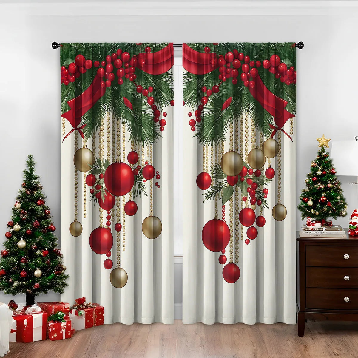 Set of two red and green 3D digitally printed Christmas theme curtains hanging on a window.
