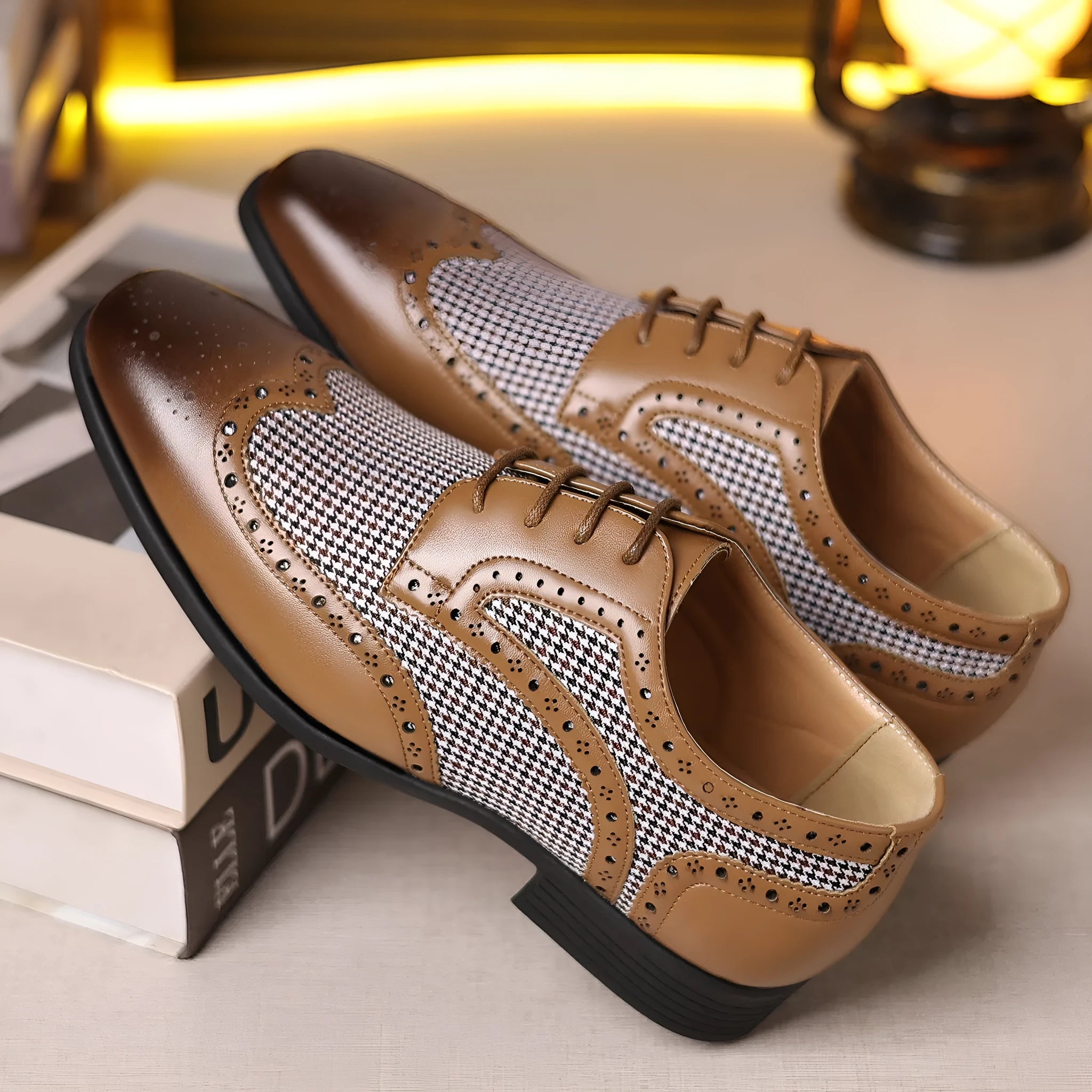 Men's black houndstooth plaid casual leather shoes with canvas upper, square toe, and lace-up front.
