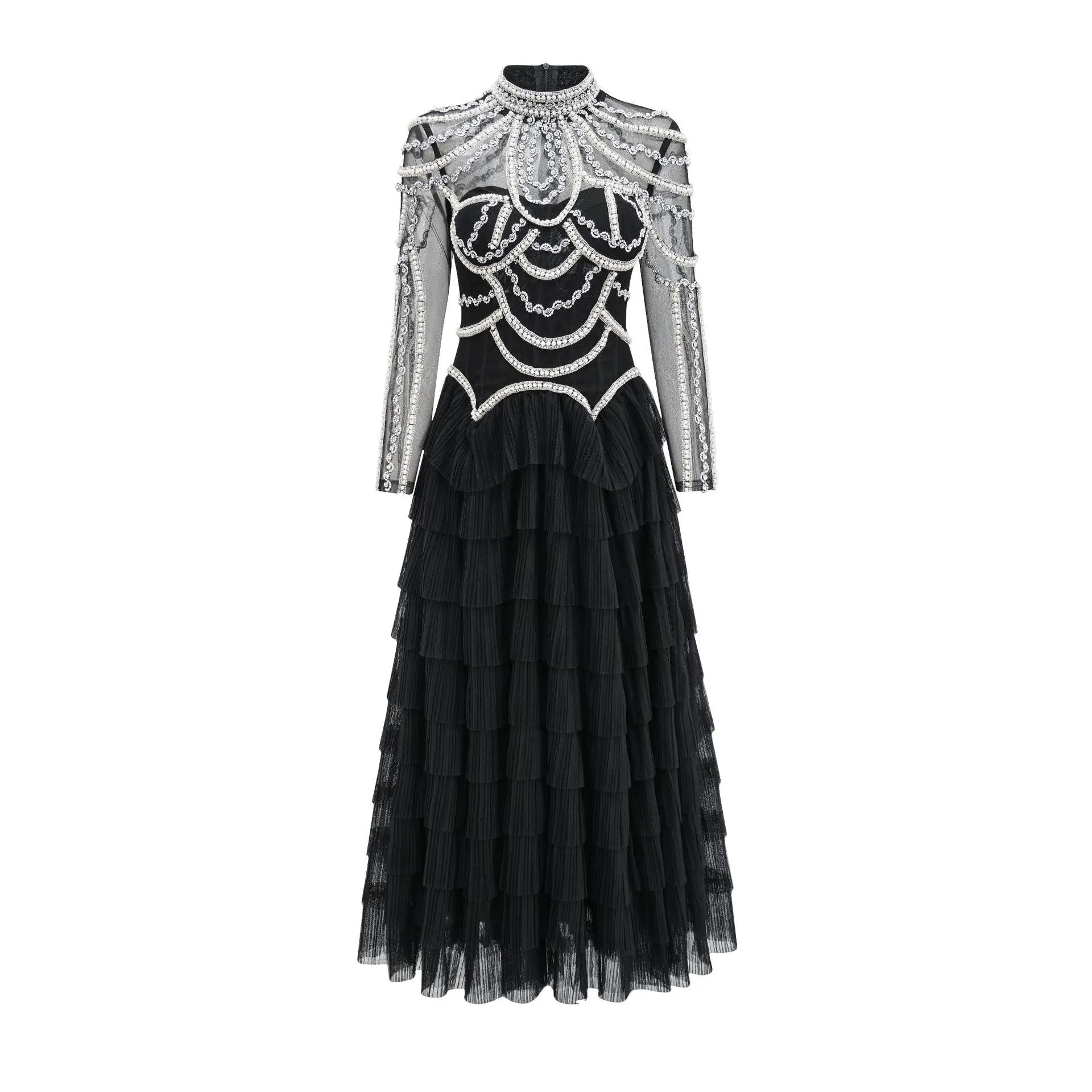 Black and pink women's long sleeve dress with beaded decoration on the front.