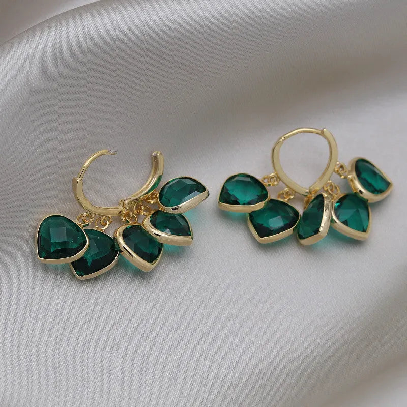 Green heart-shaped glass pendant ear clips with Korean style design and alloy gemstone details