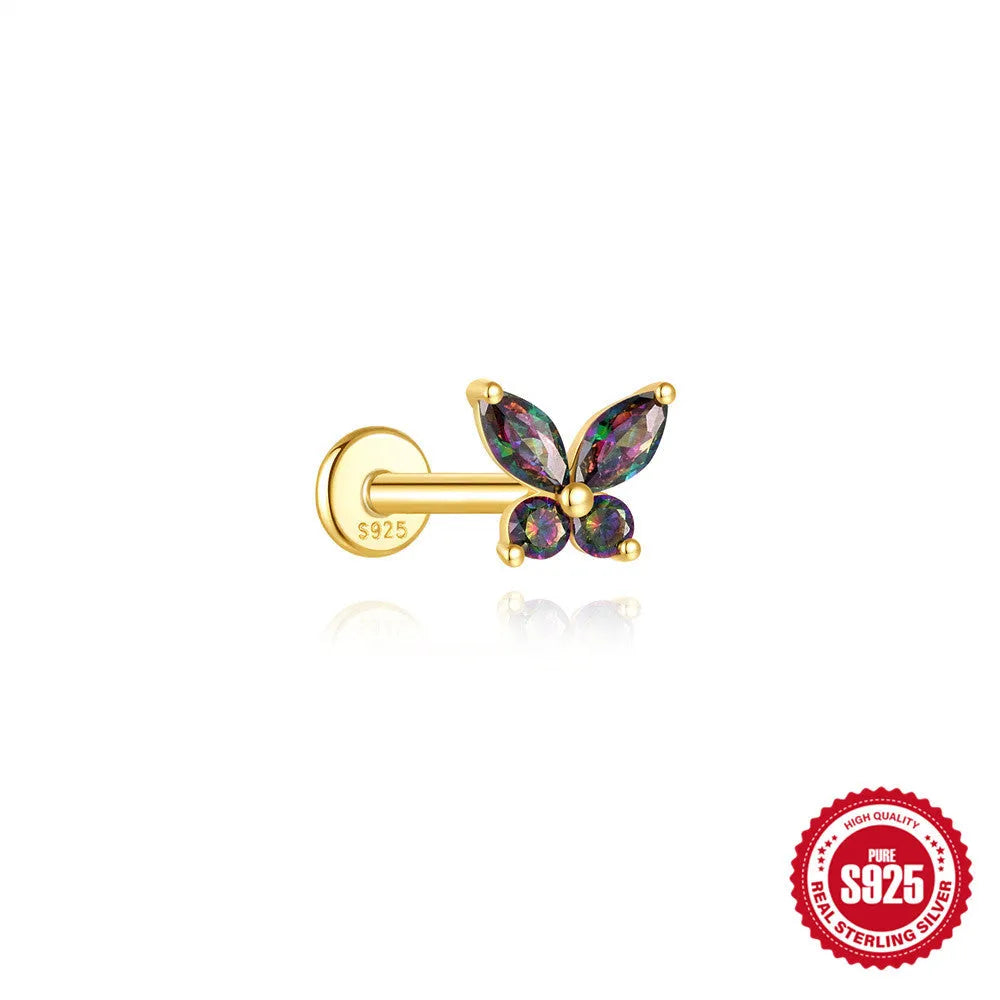 S925 sterling silver flat head stud earrings with shiny rainbow stone finish, showing thread piercing post.