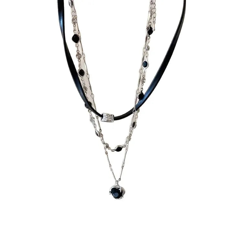 Women's adjustable multi-layer necklace with heart-shaped alloy pendants and crystal detailing