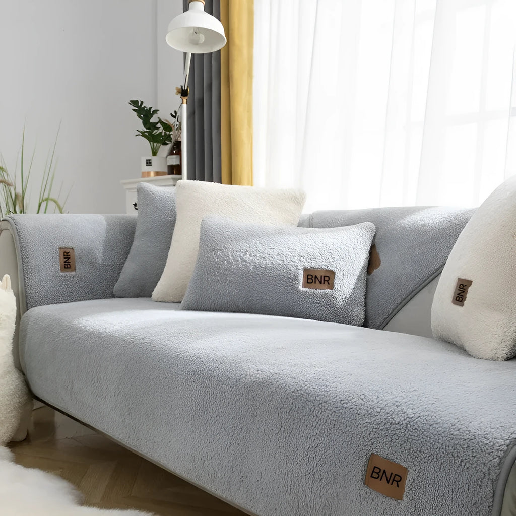 Lambswool sofa cover in solid colour showing cloth liner style and texture