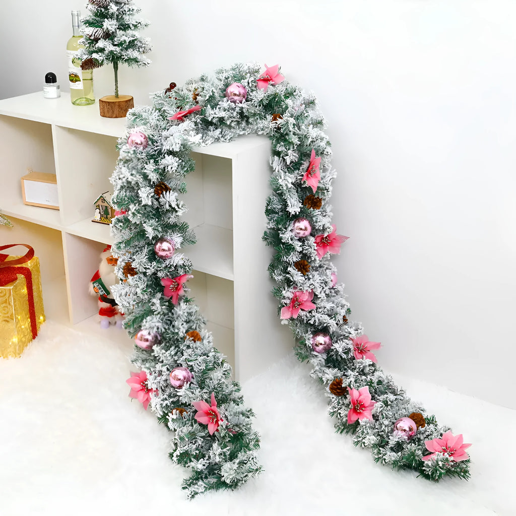 240cm long PVC Christmas rattan garland with flocking decoration in a choice of five colours.