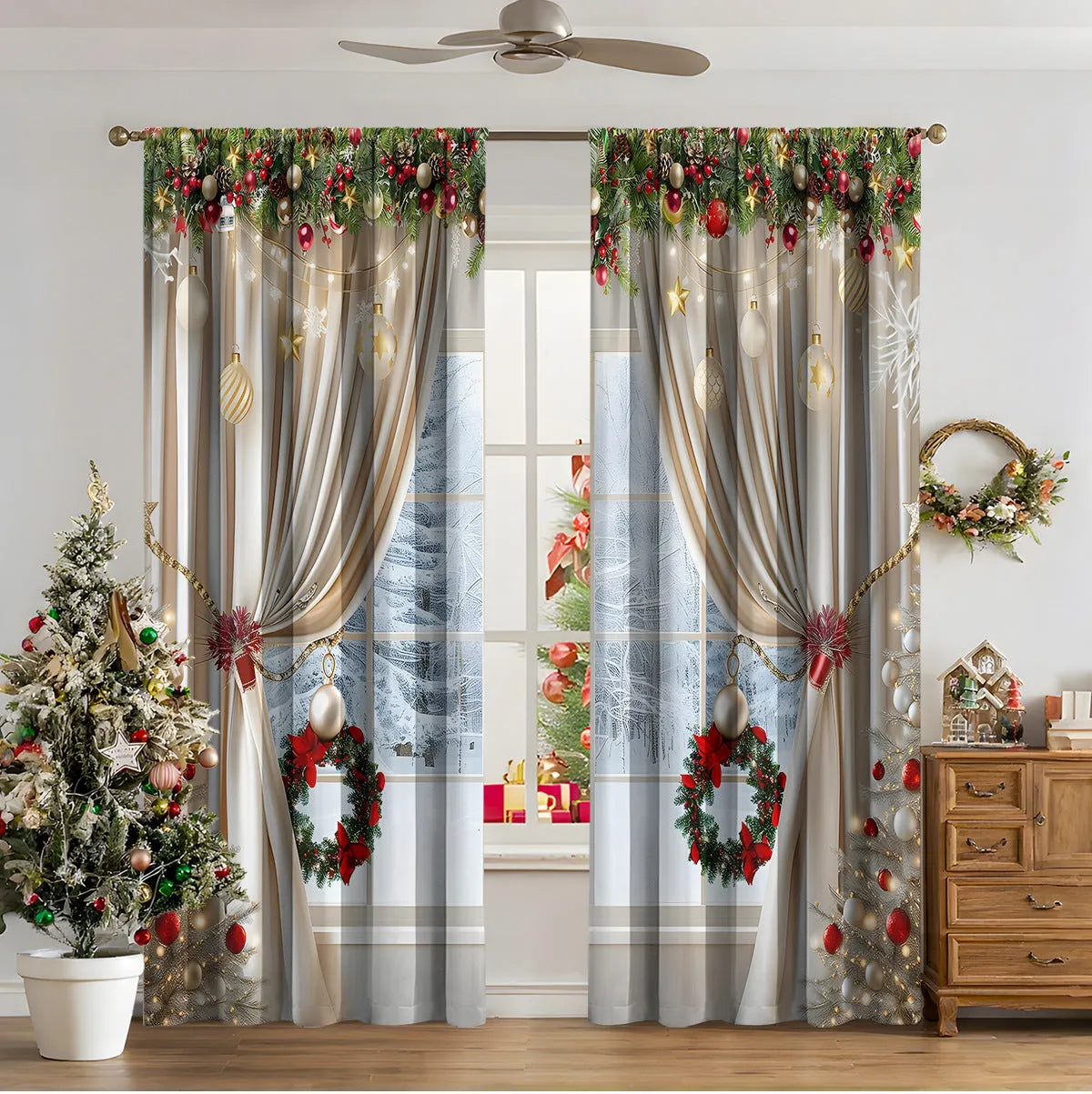 Set of two red and green 3D digitally printed Christmas theme curtains hanging on a window.