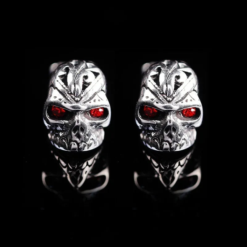 Retro skull stud earrings with red eye ghost head design on electroplated alloy