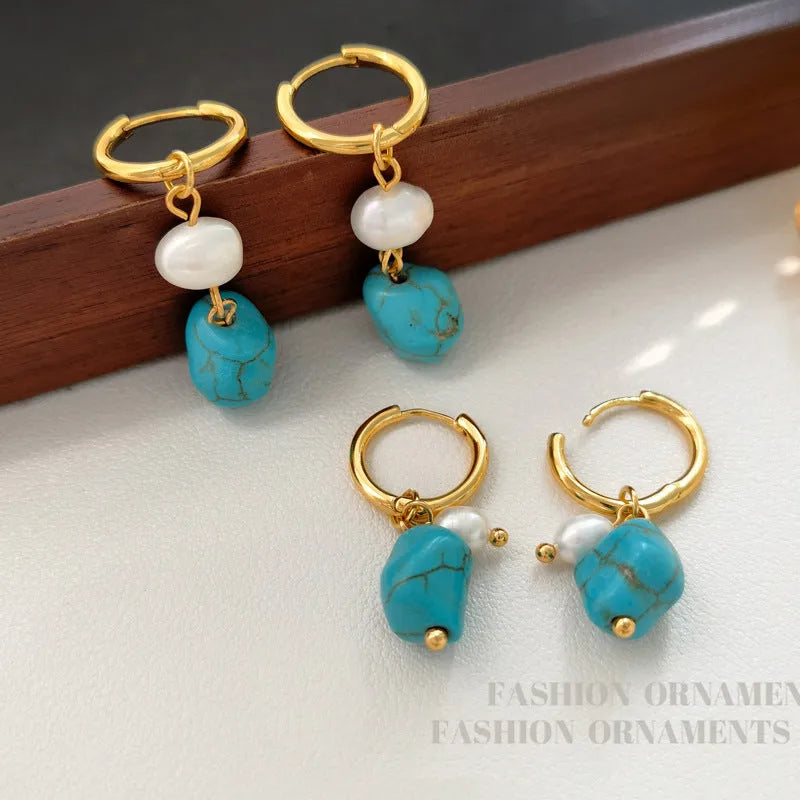 Geometric copper earring set with turquoise and cultured pearls including short clips and dangle styles