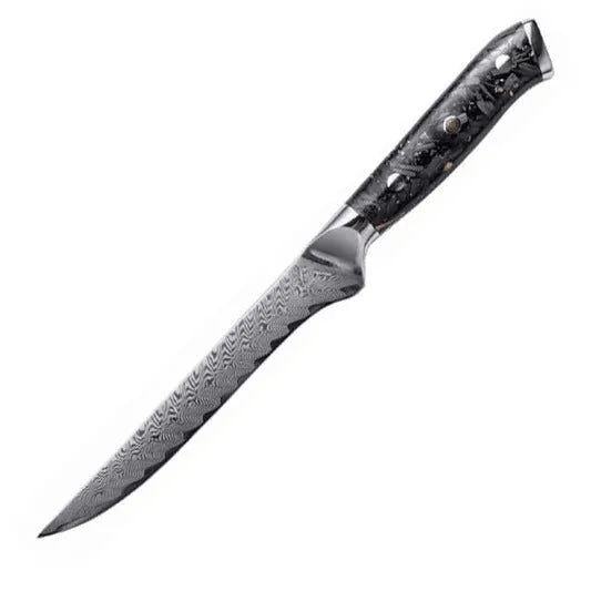 67-layer Damascus steel kitchen knife set with fishbone pattern showing eight different blade sizes and types