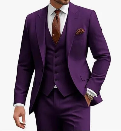 Men's slim-fit three-piece suit in chemical fibre blend fabric available in multiple colours